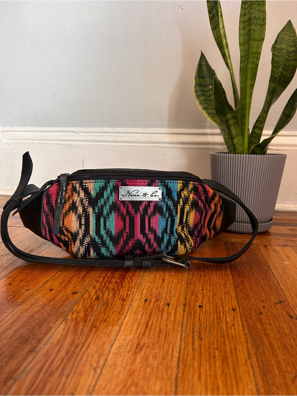 Nena & Co. Fancy Fanny Pack 100% Peace Pilgrim Leather & Huipil Woven EUC